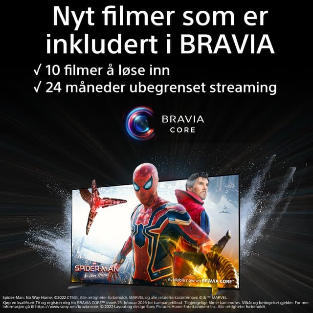 Sony - TV -  Sony A95L TV, Spider-Man og Doctor Who og teksten 'Nyt filmer med BRAVIA'