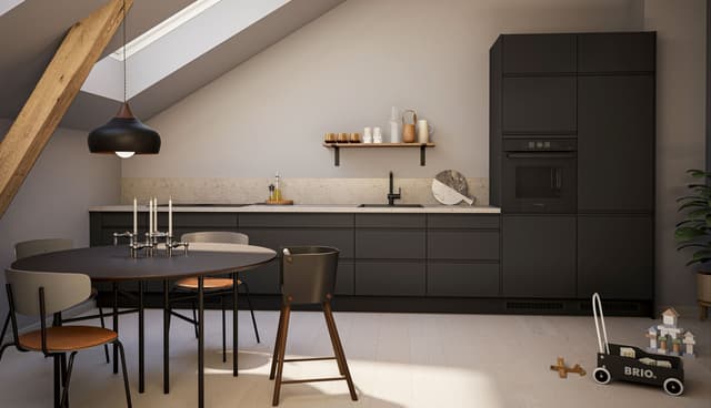 Epoq Integra black-kjøkken med Terrazzo laminatplate