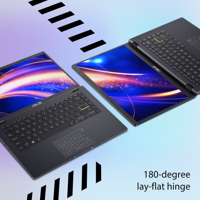 Kaksi Asus E410KA-EK702WS -kannettavaa vaaleansinisellä taustalla