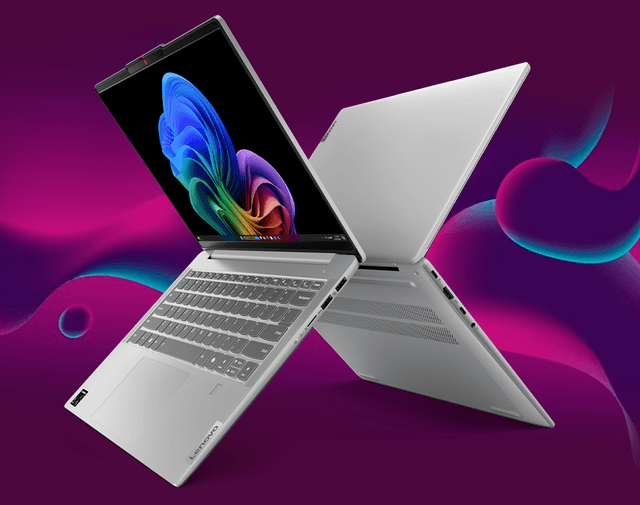 Two grey Lenovo IdeaPad Slim 5x laptops leaning on each others backs on a blue, pink and purple background
