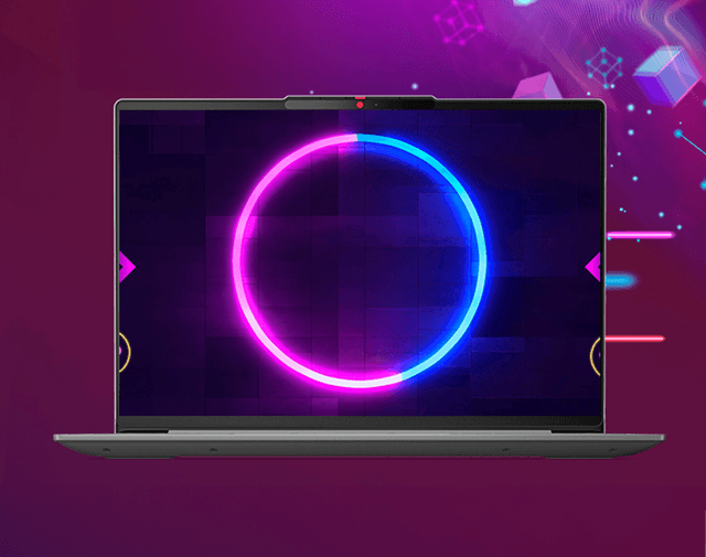 Lenovo IdeaPad Slim 5x laptop and image of a glowing blue and pink circle in the screen
