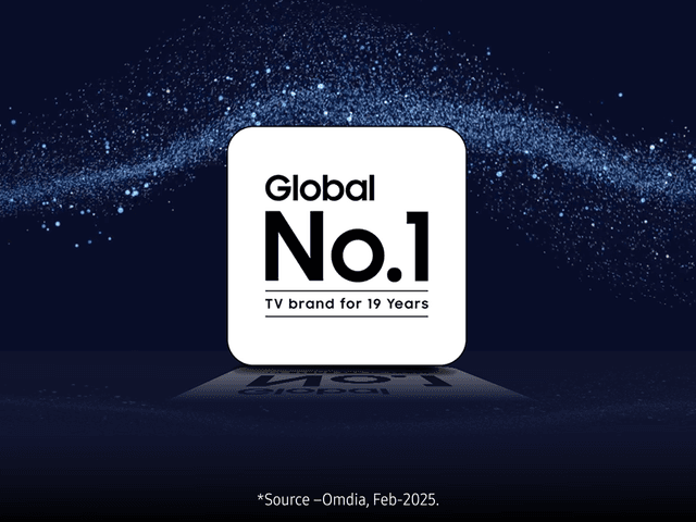 Samsung-TV-logo, jossa teksti Global No. 1 TV brand for 19 years