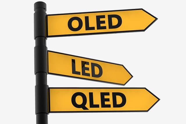 Gult, 3-delt skilt som peger i retning af LED, OLED og QLED